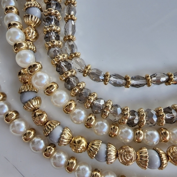 NEW Gray Gold Pearl Beaded Multi Layered Statement Necklace - Picture 6 of 8